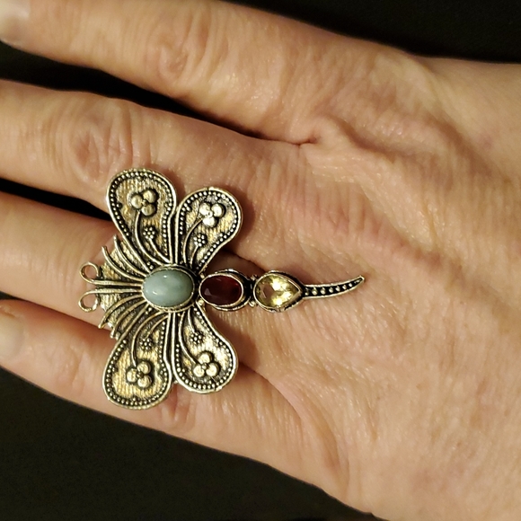 New Larimar, Garnet and Citrine 925 Silver Dragonfly Ring. - Picture 8 of 10